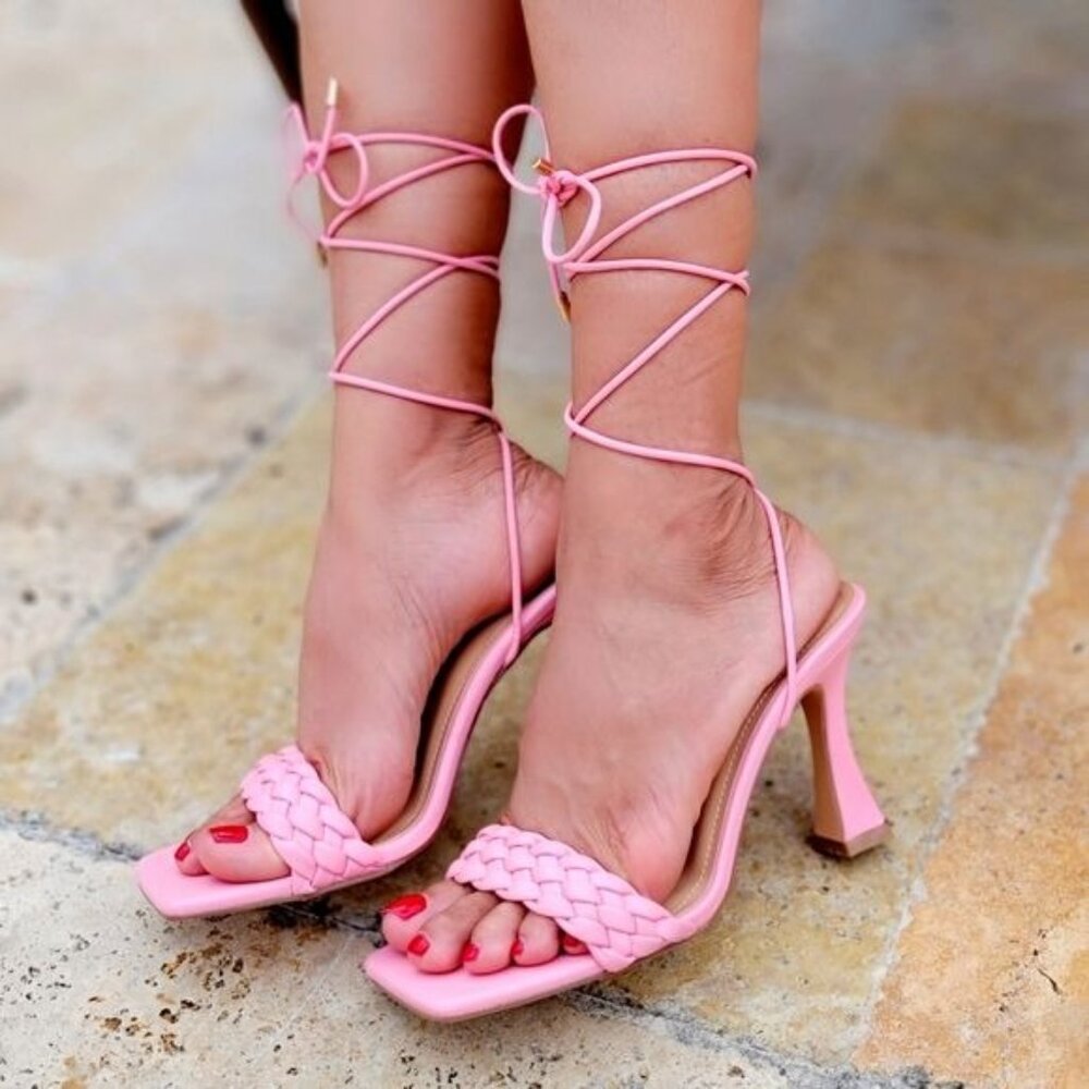 Women's Braided Pink Strappy Pyramid Heel Gladiator Sandals